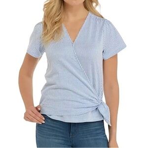 Michael Kors Wrap Top Ladies Size Medium Blue and White Short Sleeve V Neck Top